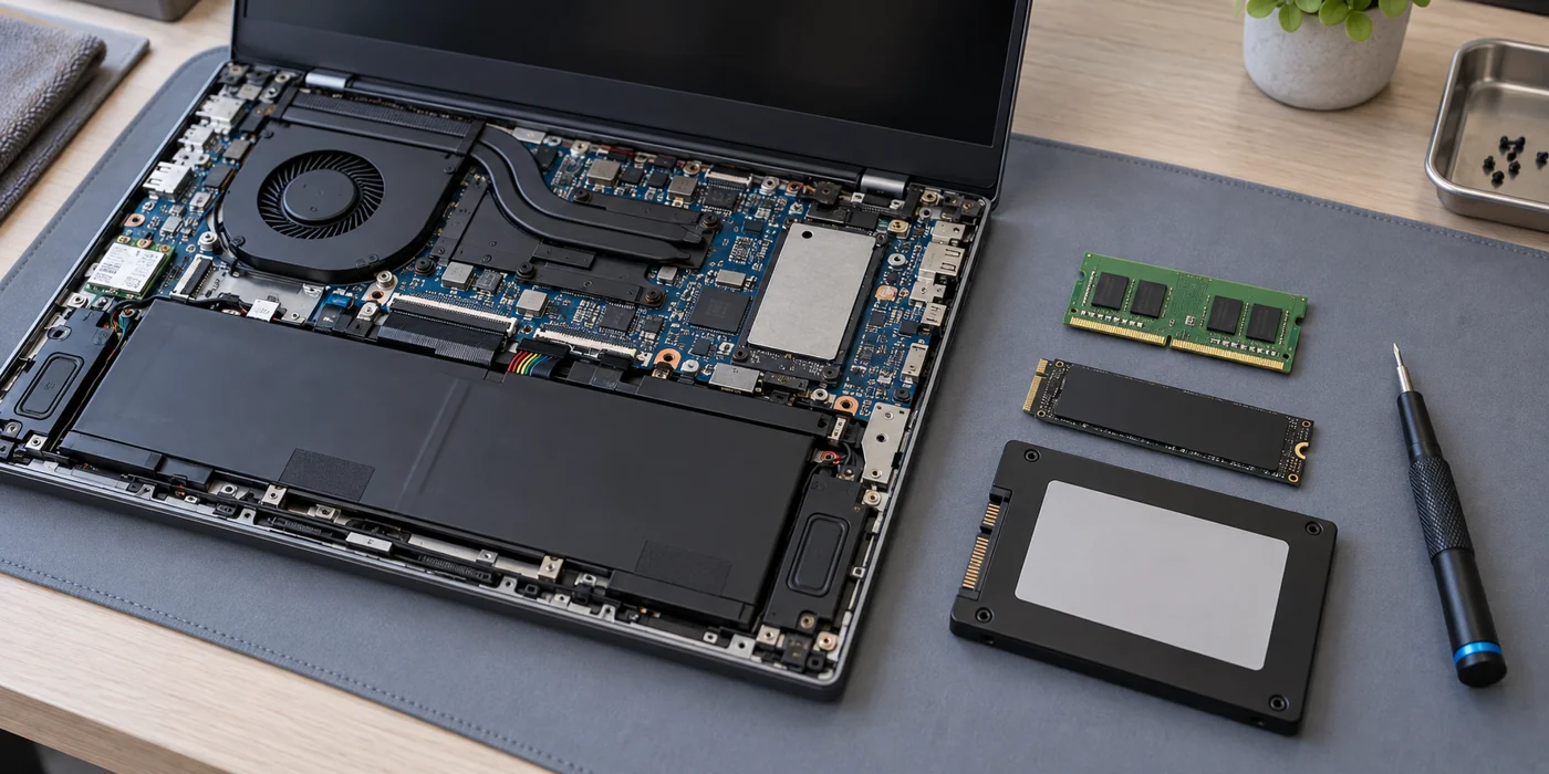 Laptop abierta junto a un módulo de memoria RAM y unidades SSD de diferentes formatos