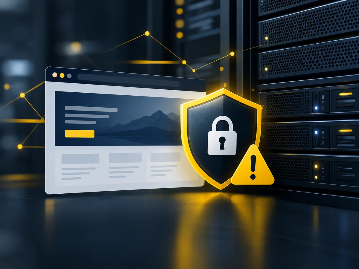 Sitio web y servidor protegidos por un escudo con candado y una alerta de seguridad