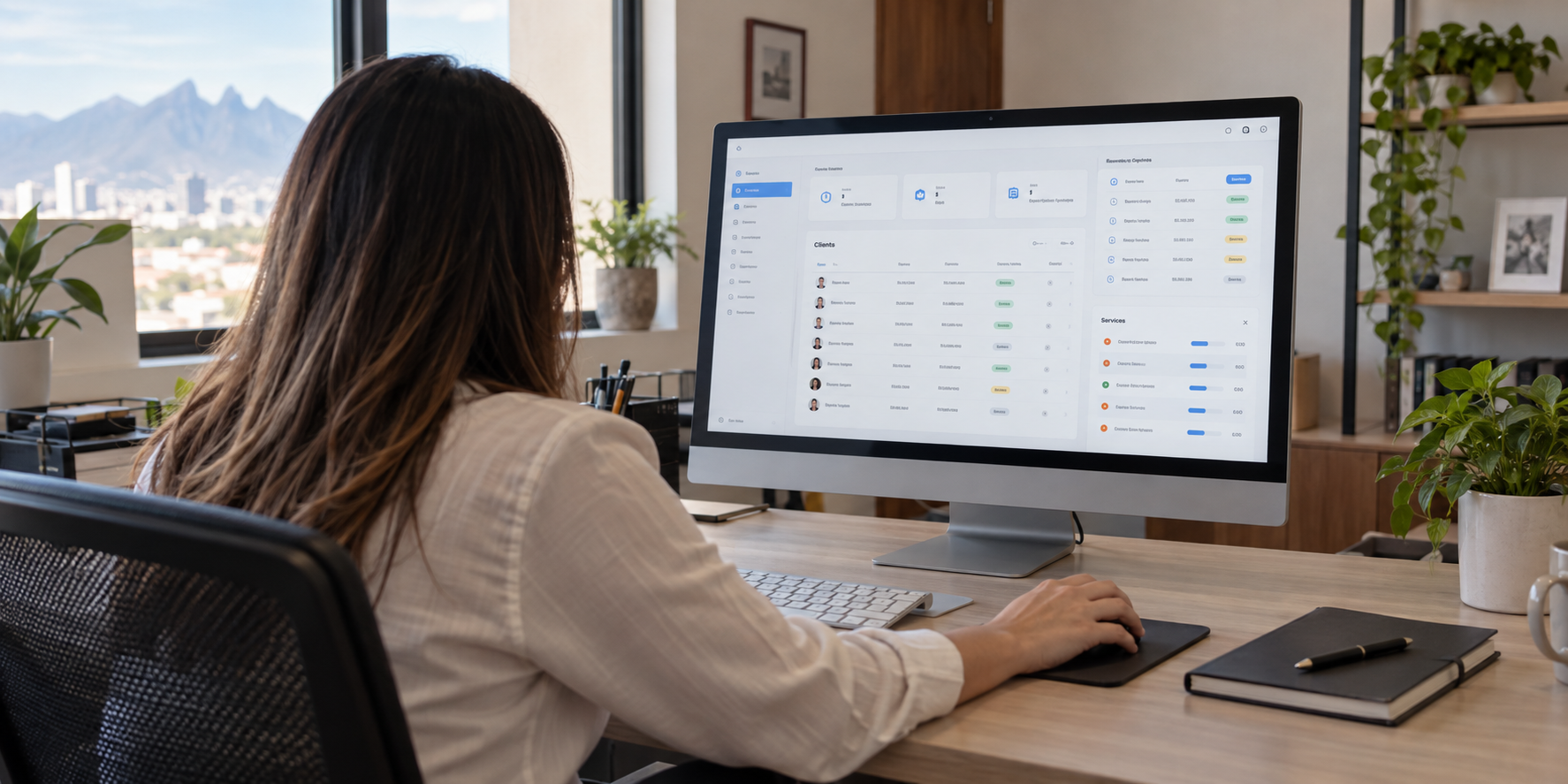 Persona revisando cotizaciones y seguimiento de clientes en una computadora dentro de una pequeña oficina