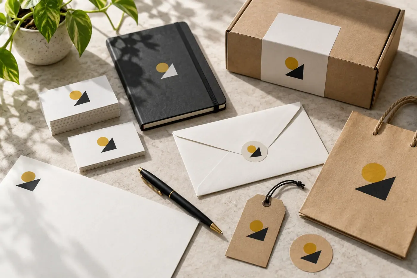 Papelería y empaques con una identidad visual coordinada en blanco, negro y amarillo