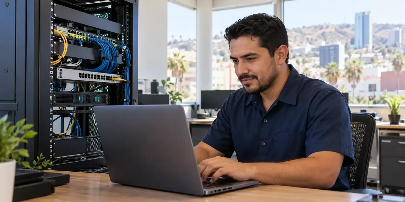 Técnico trabajando junto a un rack de red con cableado ordenado