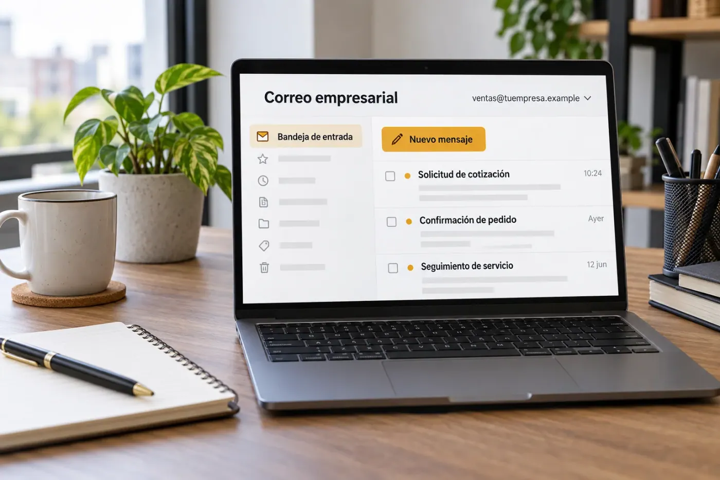 Laptop en una oficina con una bandeja de correo empresarial en español