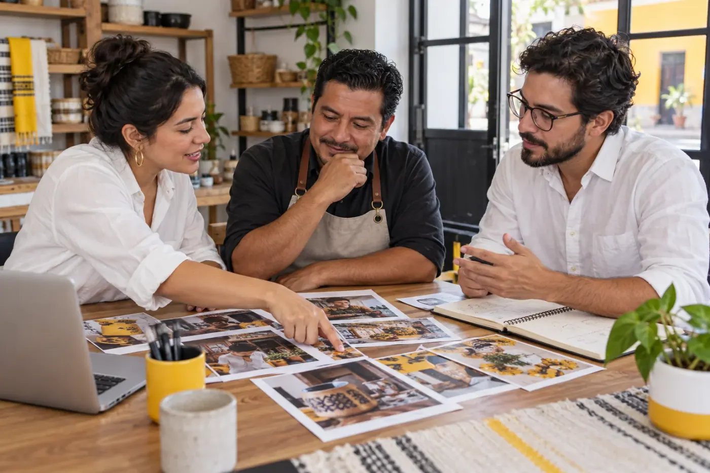 Reunión de trabajo para revisar fotografías y planear una campaña de un negocio