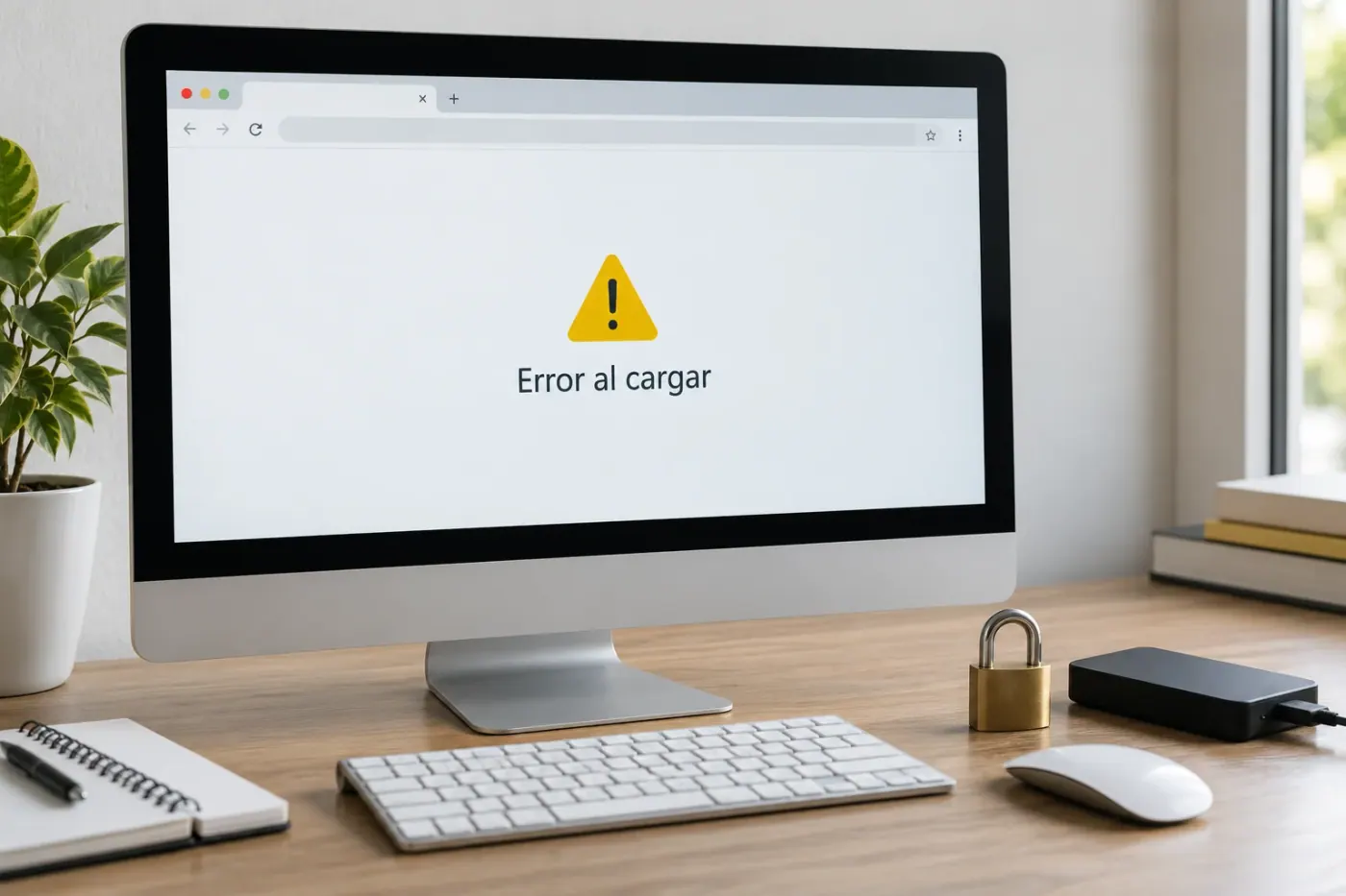 Sitio web con un aviso de error junto a elementos que representan protección y respaldo