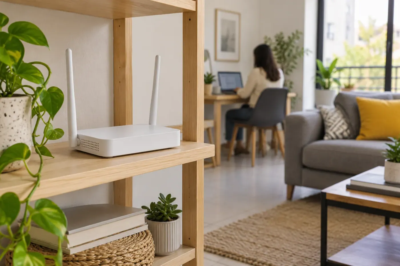 Router WiFi colocado sobre una repisa abierta en una sala con espacio de trabajo