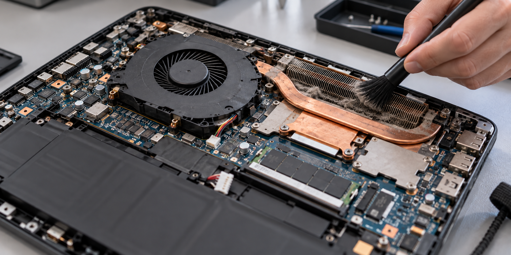 Limpieza cuidadosa del ventilador y las aletas de refrigeración de una laptop abierta