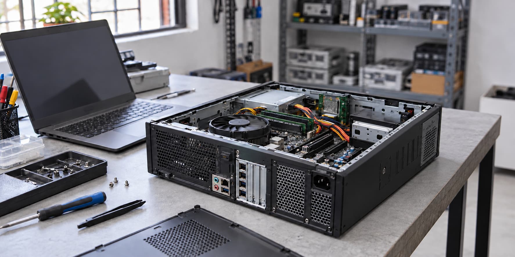 Revisión de una computadora de escritorio y una laptop en una mesa de mantenimiento