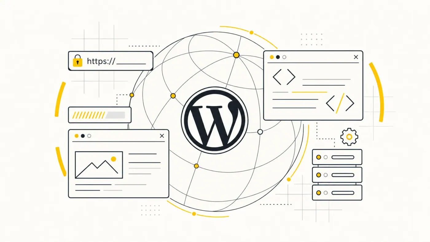 Ilustración de WordPress con ventanas web, servidor y conexión segura en colores negro y amarillo