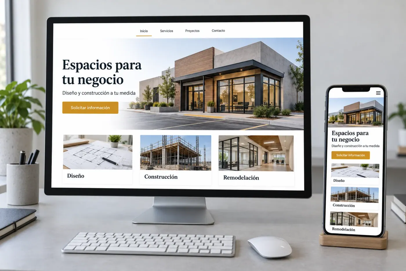 Computadora y celular con un sitio empresarial en español adaptado a diferentes tamaños de pantalla