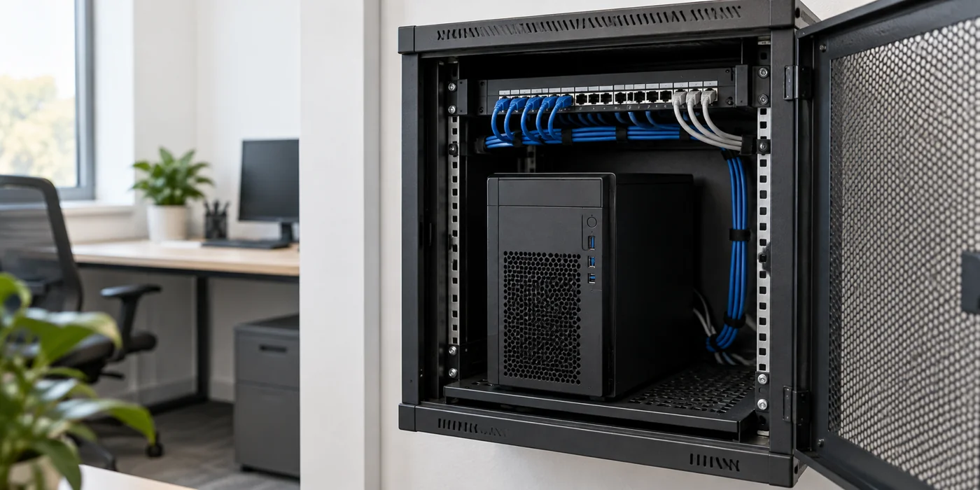 Servidor compacto instalado en un gabinete de red ordenado dentro de una pequeña oficina