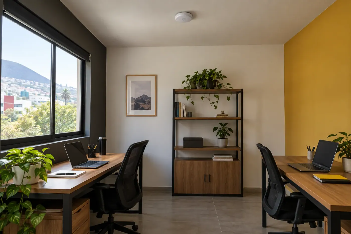 Oficina con estaciones de trabajo y un punto de acceso WiFi instalado en el techo